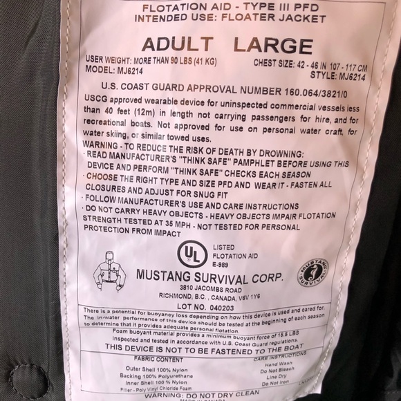 Mustang Survival Men’s Large Floatation Bomber Jacket | NEW - Picture 8 of 9